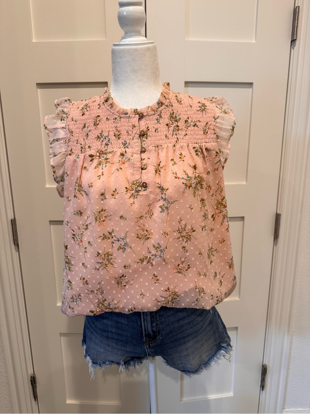 LOFT Blush Pink Floral Ruffle Neck Tank
